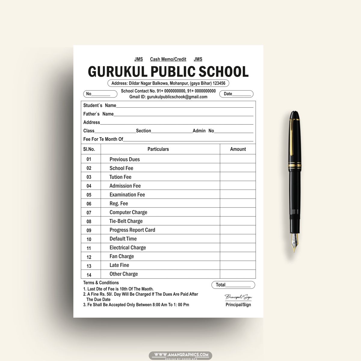 Gurukul Public School Fee Invoice Book Design Cdr FIle BILL BOOK SCHOOL FEE BILL BOOK