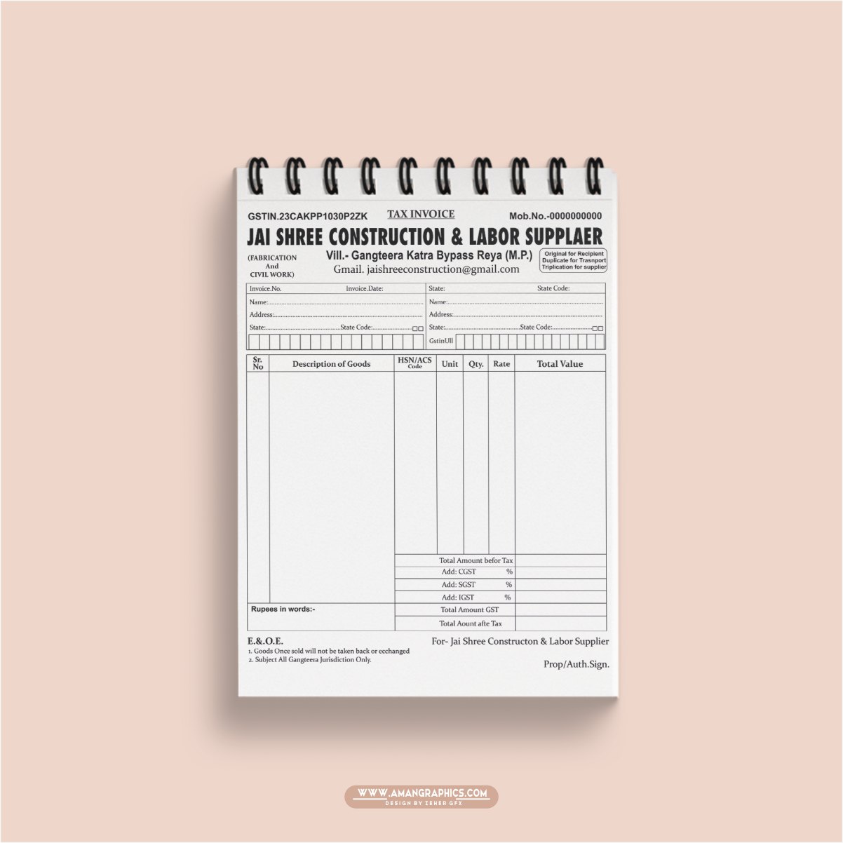 Construction Labor Supplier Invoice Bill Book Design Cdr File BILL BOOK BILL BOOK