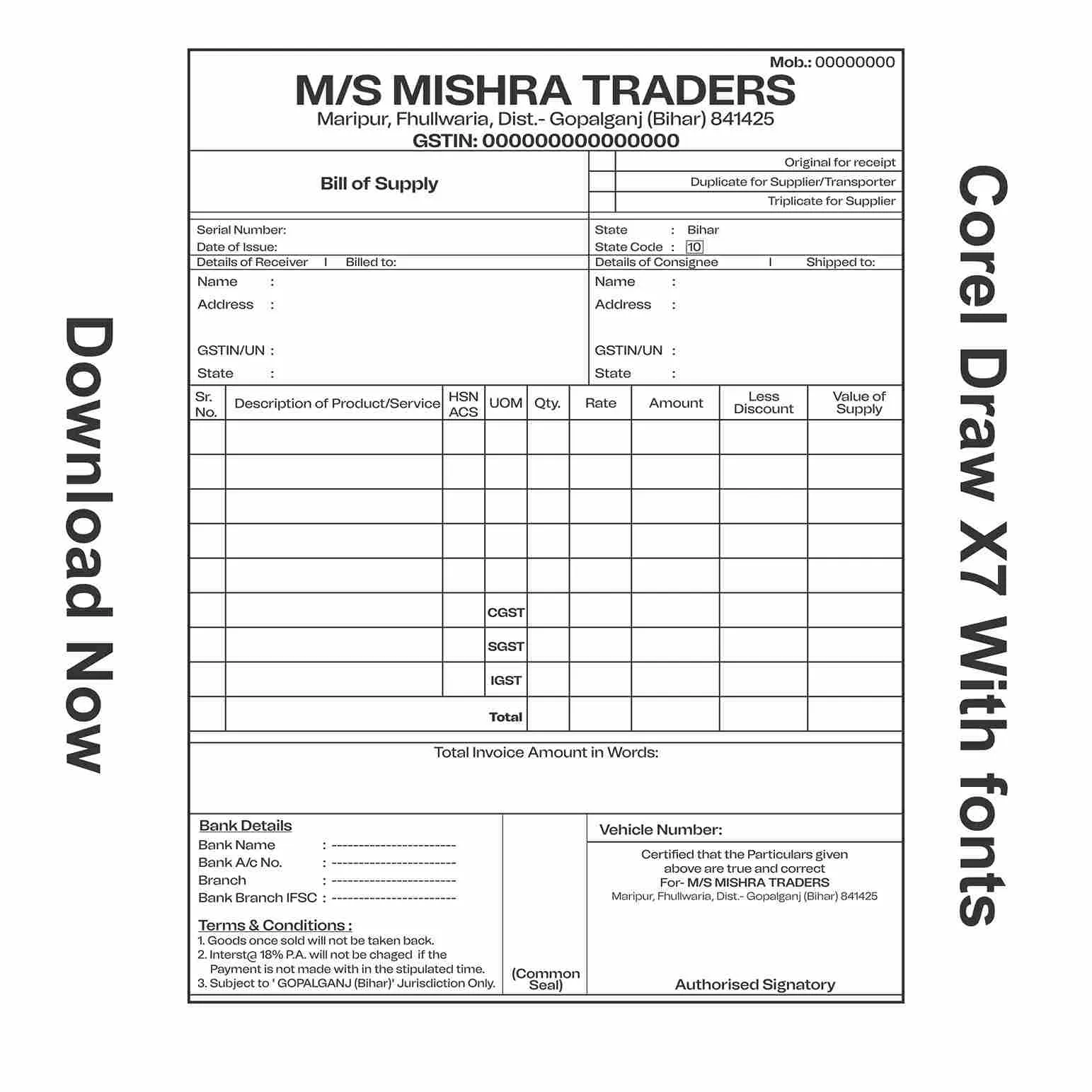 Bill Book/ Cash Memo (size 1/4) With Fonts Corel Draw x7