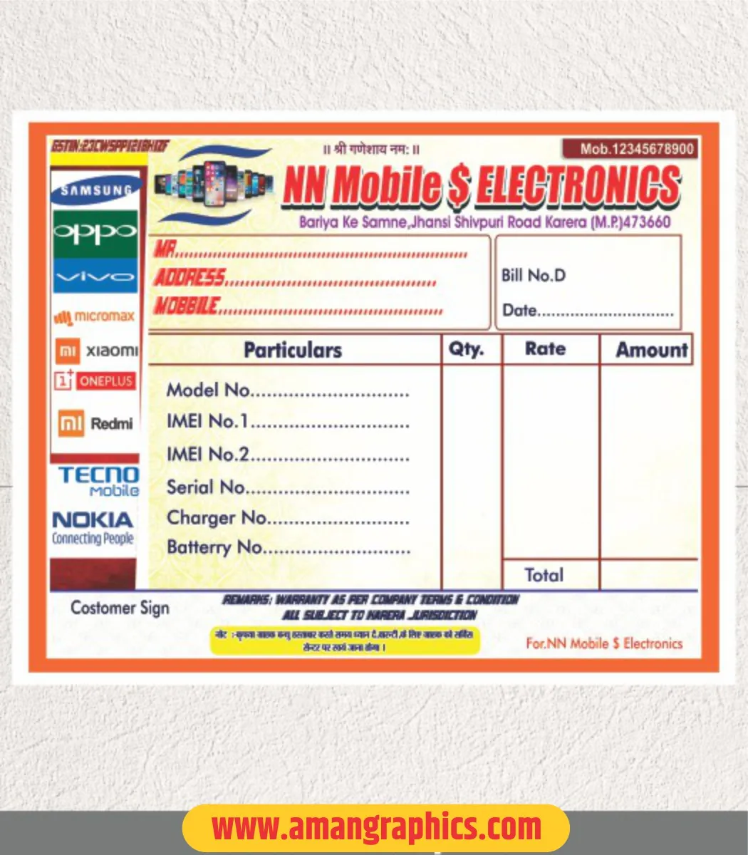 Mobile Shop Multicolor Bill Book Design CDR File