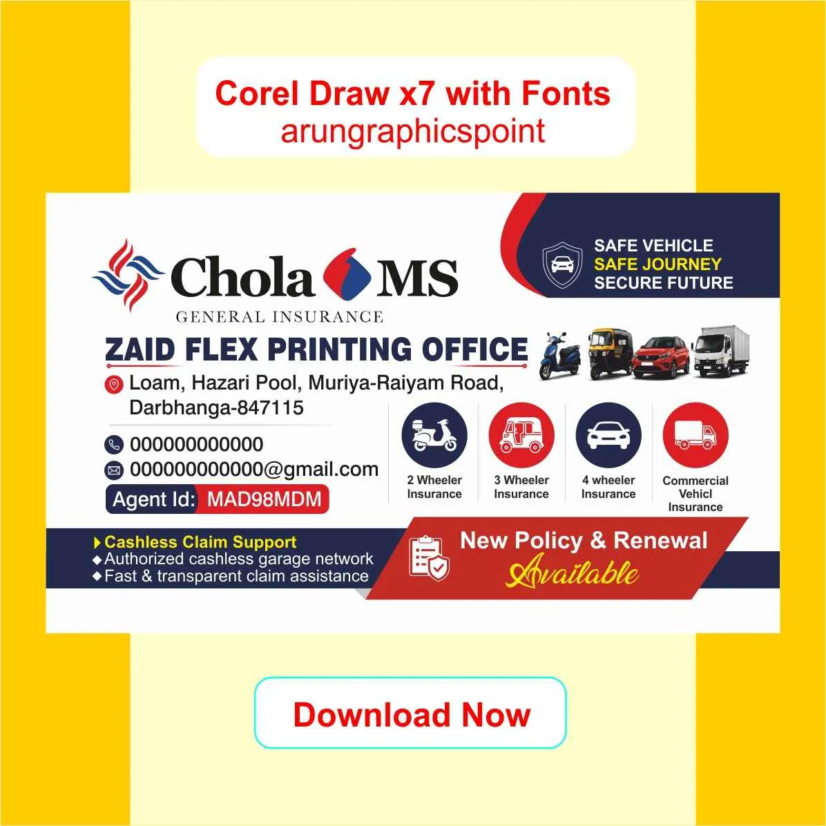 Chola MS Insurance Business Card Design CorelDRAW X7 | Professional Visiting Card Template