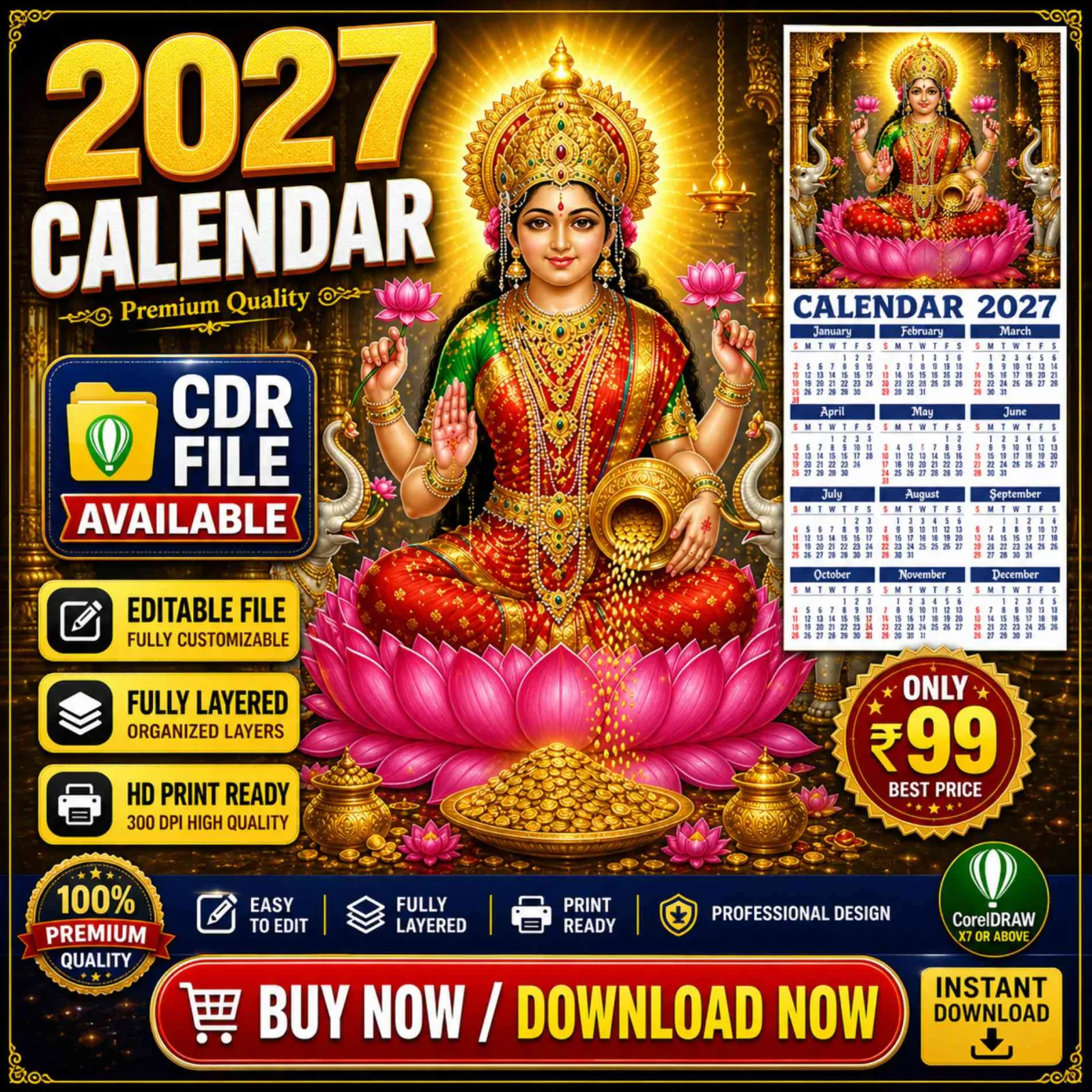 Calendar 2027 cdr Printable Calendar One Page