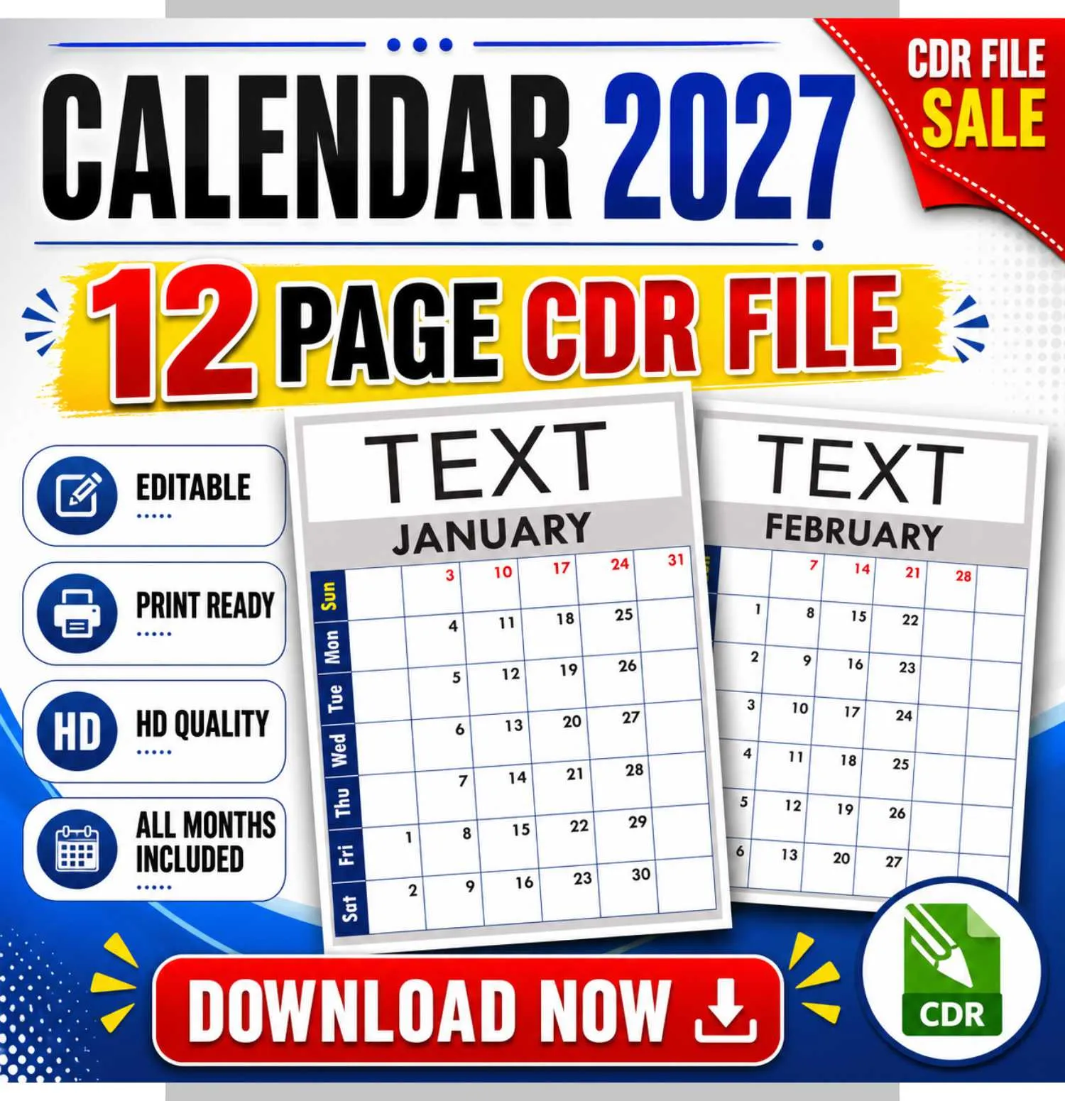 Calendar 2027 Vectors CDR- Download High-Quality